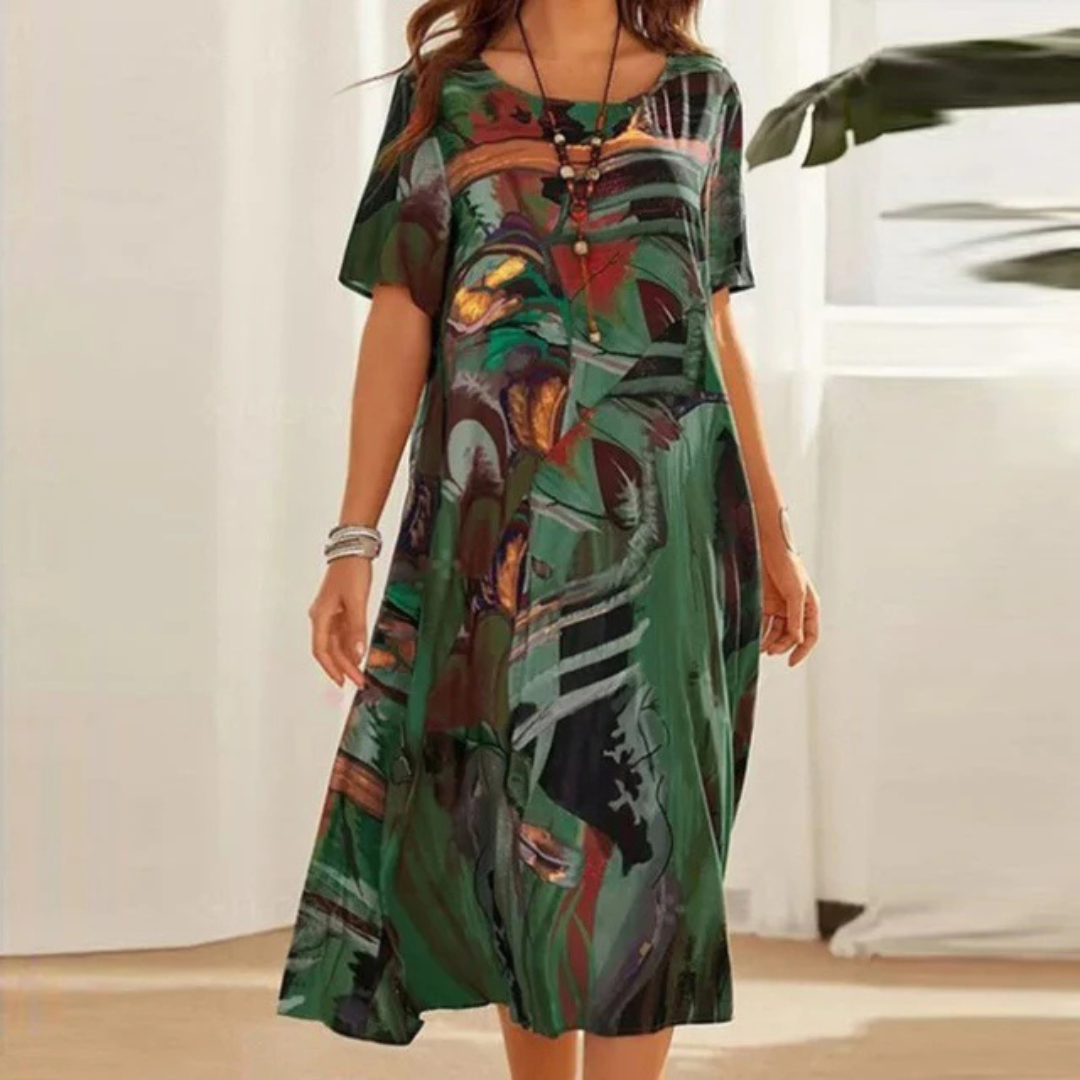 Beatrice | Bohemian Art Print Midi Dress – Elegant & Airy Comfort